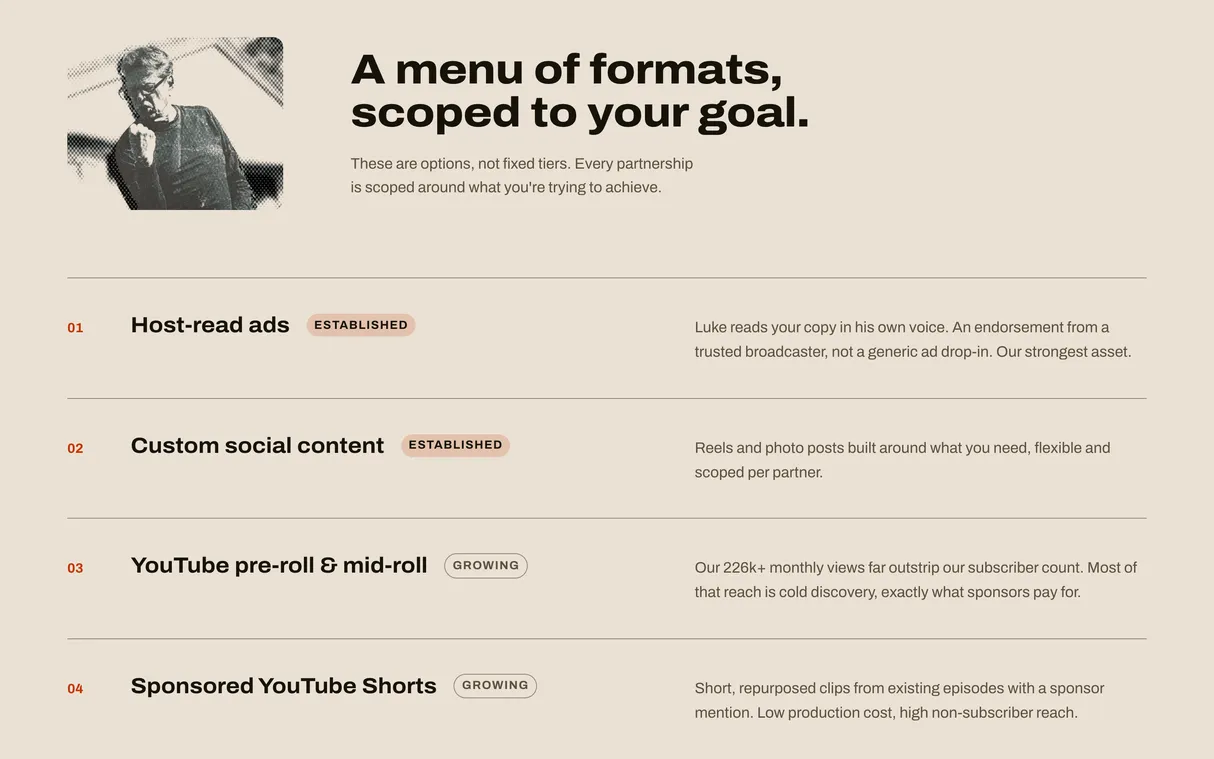 Bonafide’s ‘A menu of formats’ section: a halftone photo of Luke Bona and the first four sponsorship formats, with no prices.