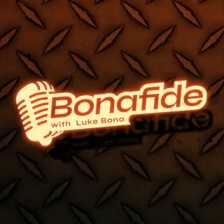 Glowing orange ‘Bonafide with Luke Bona’ logo with a retro microphone, set on dark, rust-coloured checker plate steel.