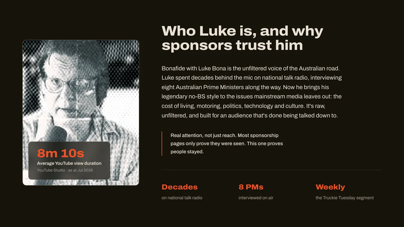 Bonafide’s sponsorship site: a halftone portrait of host Luke Bona with his average YouTube view time of 8m 10s.