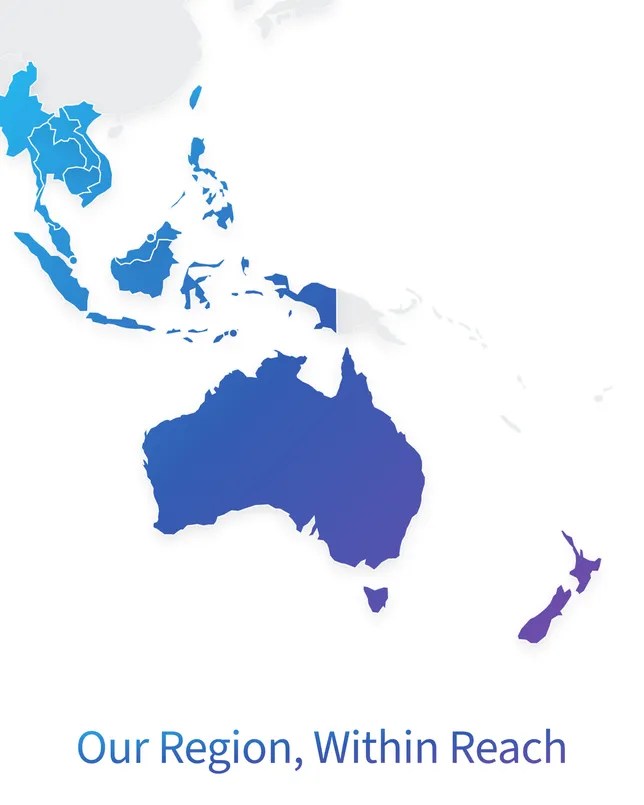 A section of Celairis Therapeutics’ home page design for phones: a map of Southeast Asia, Australia and New Zealand in a blue-to-violet gradient, above the heading ‘Our Region, Within Reach’.