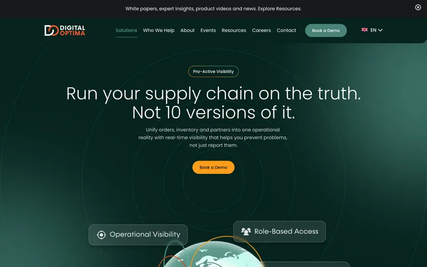 Digital Optima’s desktop home page: ‘Run your supply chain on the truth. Not 10 versions of it.’ on dark green, an orange ‘Book a Demo’ button and the top of a globe.