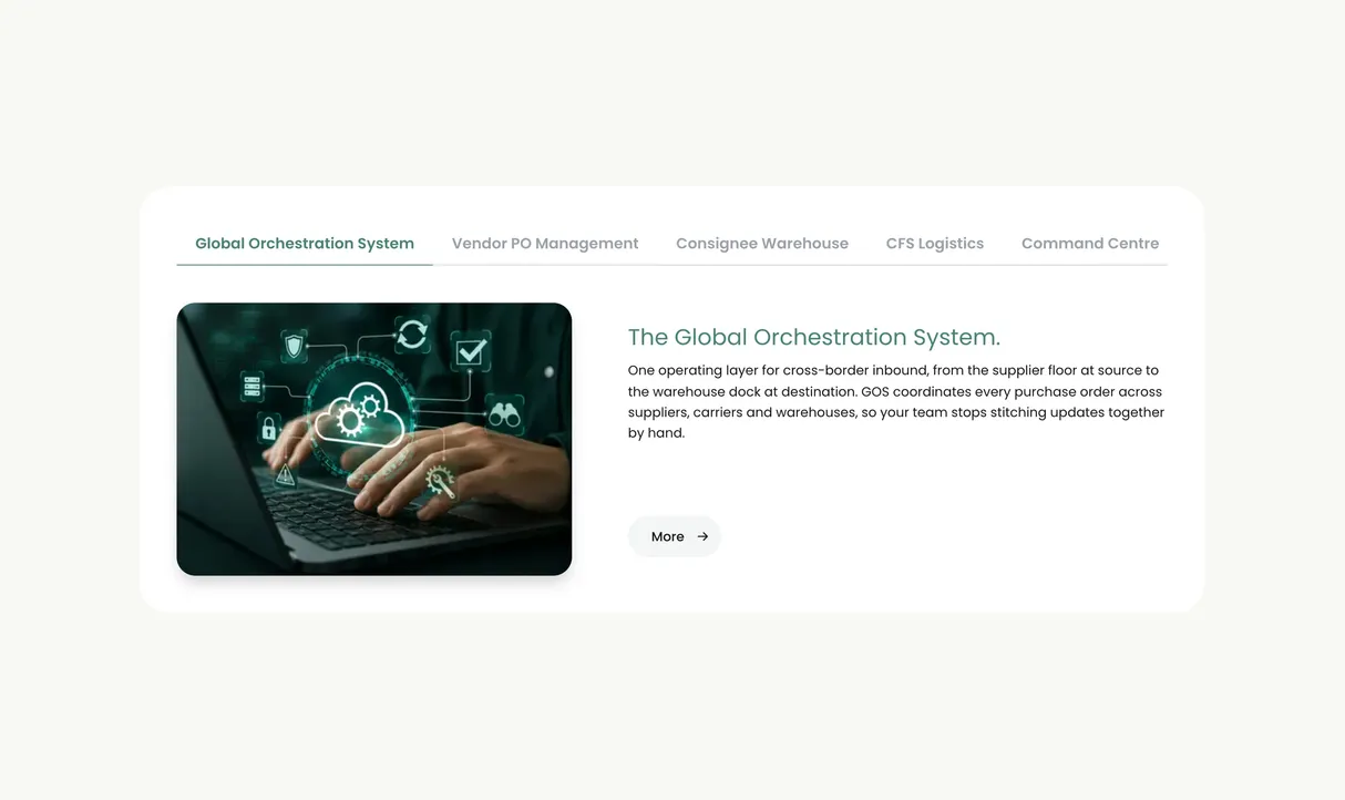 The solutions panel on Digital Optima’s home page: 5 tabs with ‘Global Orchestration System’ selected, above a photo of hands at a laptop, a short description and a ‘More’ button.