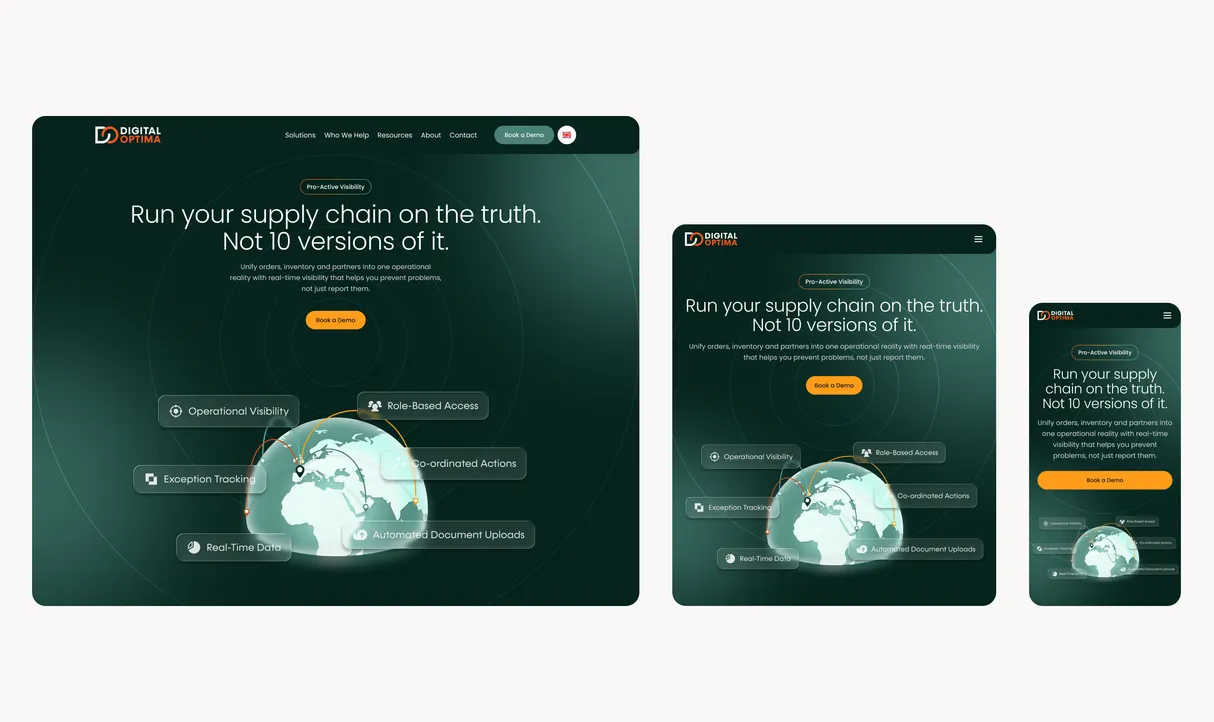 Digital Optima’s opening section as designed at desktop, tablet and phone sizes, side by side: the same headline, orange button and globe reflowing to each width.