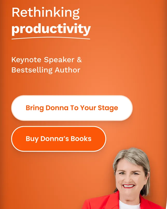 Donna McGeorge’s home page on a phone: the headline ‘Rethinking productivity’ on orange, two buttons and her portrait.