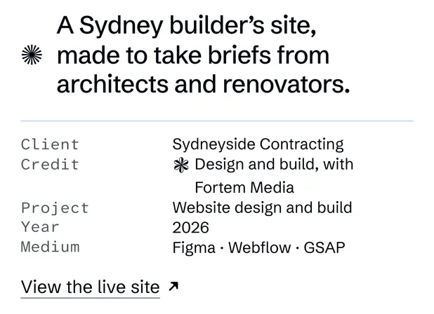 The Sydneyside tile’s title above its wall label: client ‘Sydneyside Contracting’, credit ‘Design and build, with Fortem Media’, project, year ‘2026’ and medium.