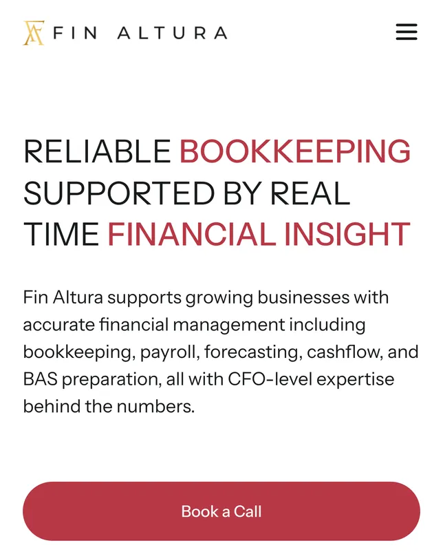 Fin Altura’s home page on a phone: the headline ‘Reliable bookkeeping supported by real time financial insight’ and a ‘Book a Call’ button.