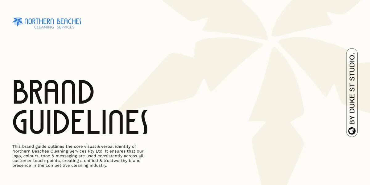 The cover of Northern Beaches Cleaning Services’ brand guidelines: the palm logo, the title ‘Brand guidelines’ and a pale palm-leaf pattern.