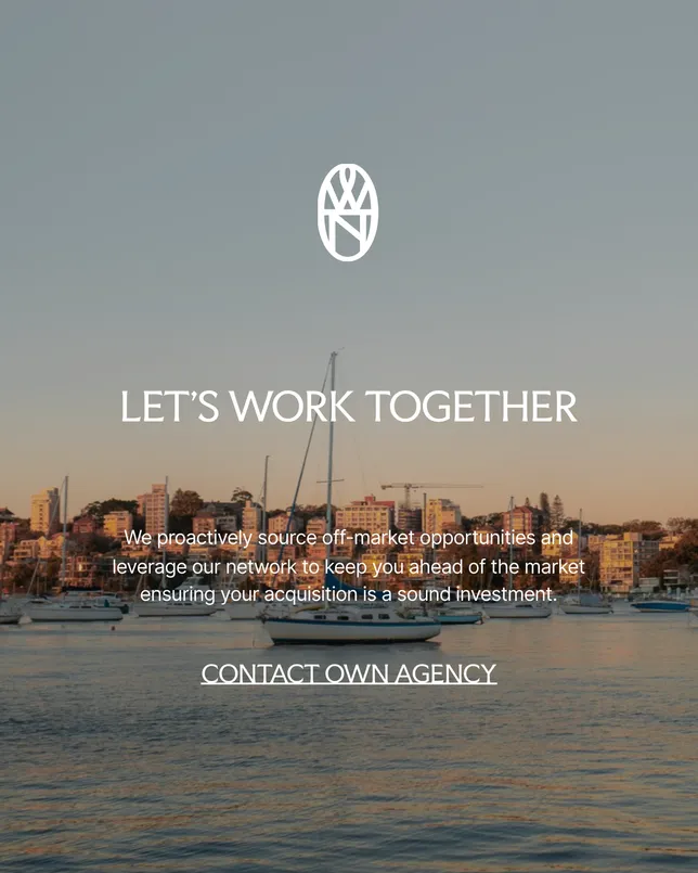 Own Agency’s site on a phone: the monogram and ‘Let’s work together’ over Sydney Harbour at sunset, with a ‘Contact Own Agency’ link.