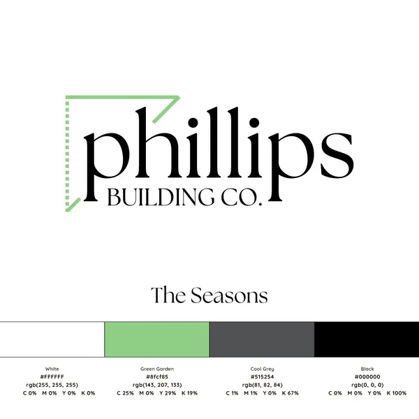 Phillips Building Co’s logo in black with a green corner bracket, above its palette, ‘The Seasons’: white, green, grey and black.