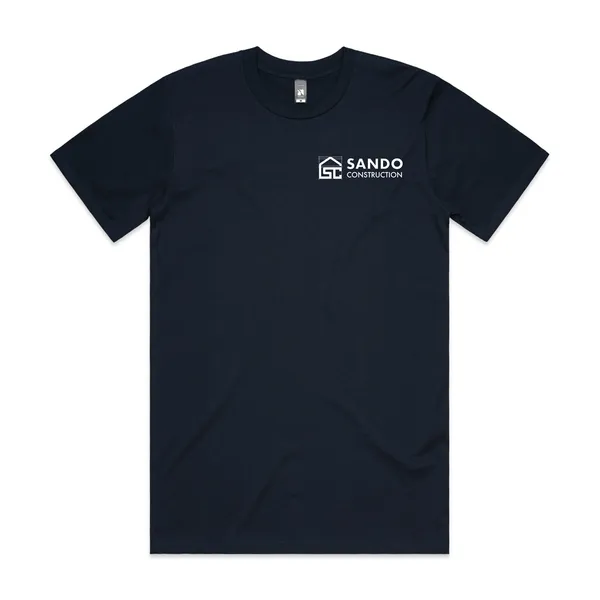 A navy T-shirt with the Sando Construction logo in white on the chest.