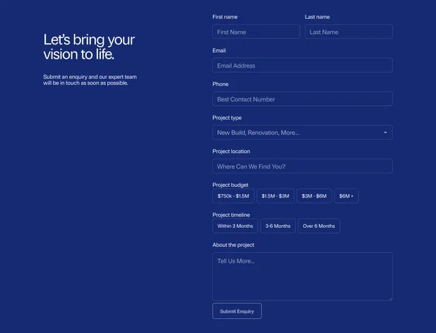 Sydneyside’s contact page on navy: ‘Let’s bring your vision to life’ beside the full enquiry form, from name and phone to budget and timeline.