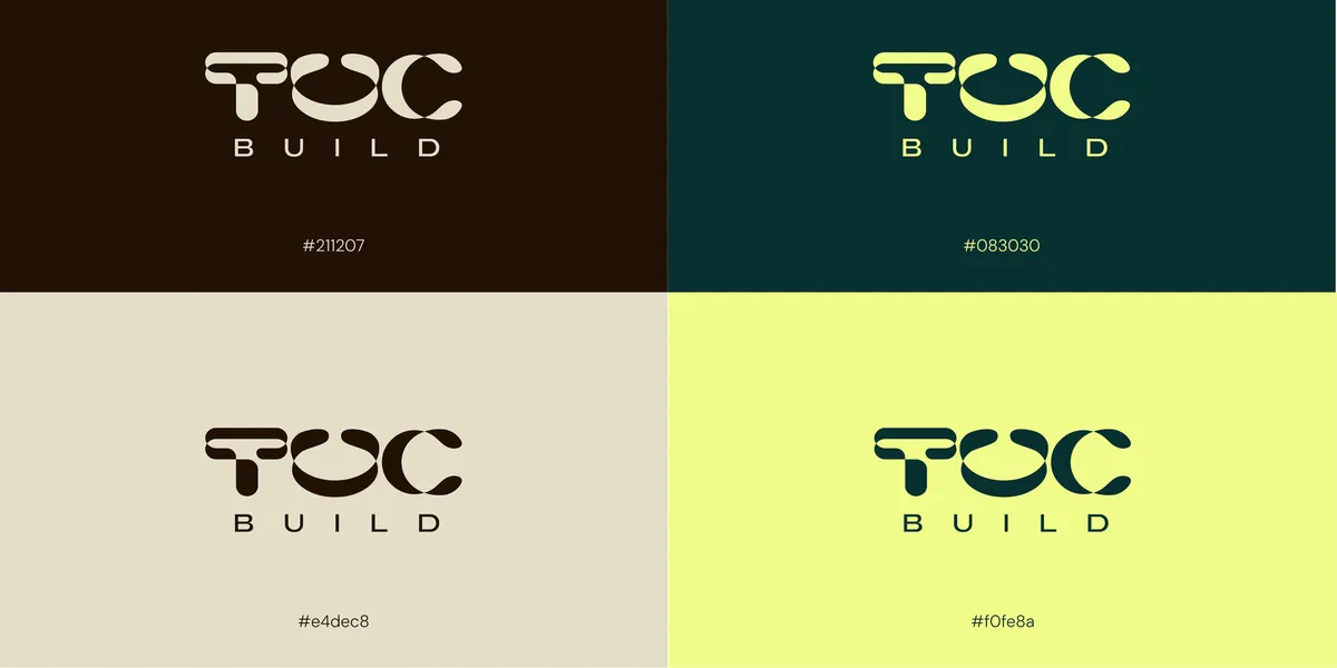 TOC Build’s logo in four colourways: cream on dark brown, lime on deep green, brown on cream and green on lime, each with its colour code.